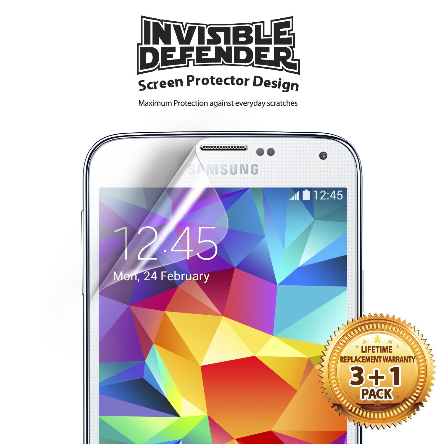 Galaxy S5 Mini [INVISIBLE DEFENDER] 3+1 Pack Screen Protector - Smartphone with a partially peeled screen protector.