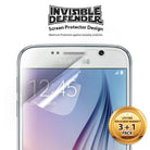 Galaxy S6 [INVISIBLE DEFENDER] 3+1 Pack Screen Protector - Clear film being applied to a smartphone screen with a 3+1 pack seal.