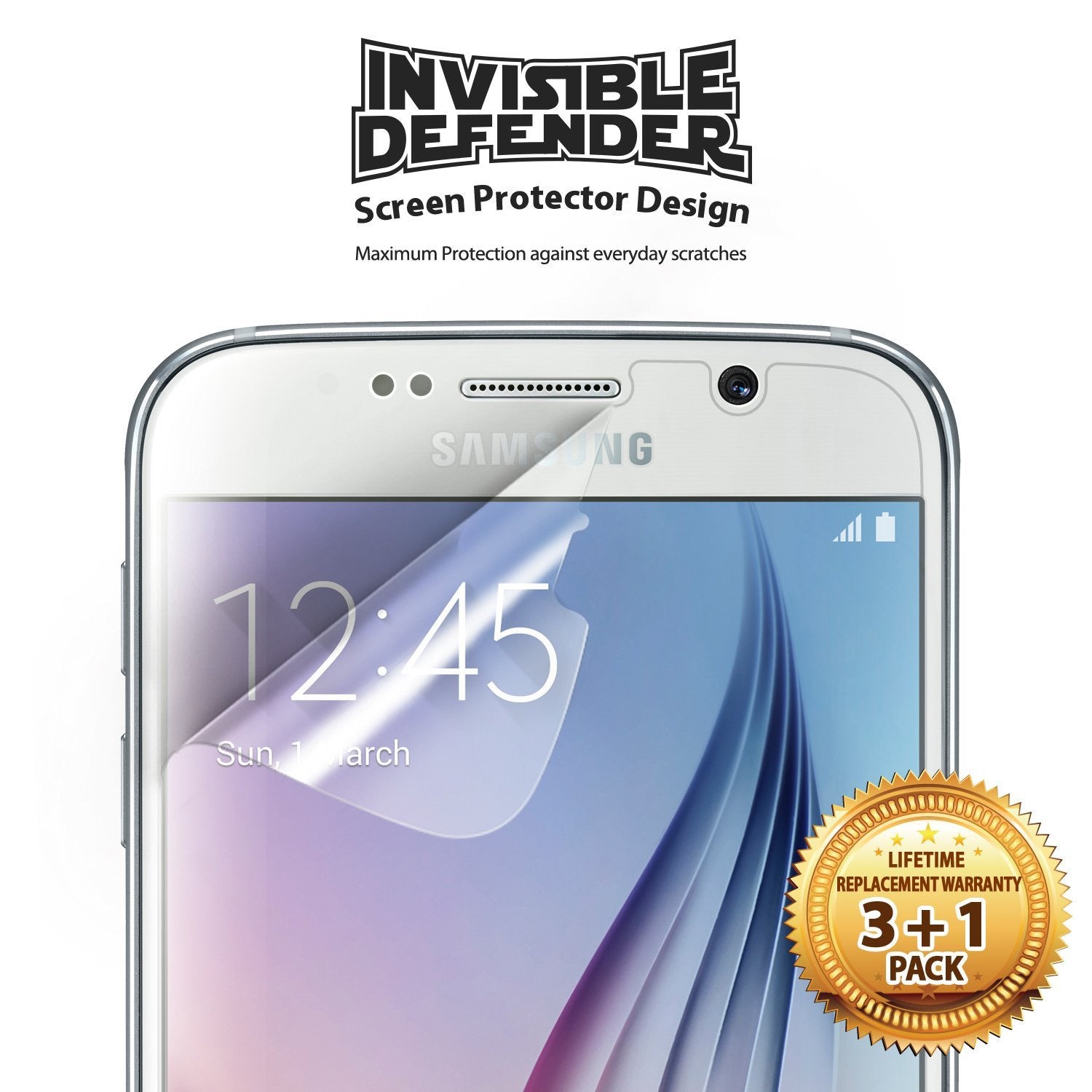 Galaxy S6 [INVISIBLE DEFENDER] 3+1 Pack Screen Protector - Clear film being applied to a smartphone screen with a 3+1 pack seal.