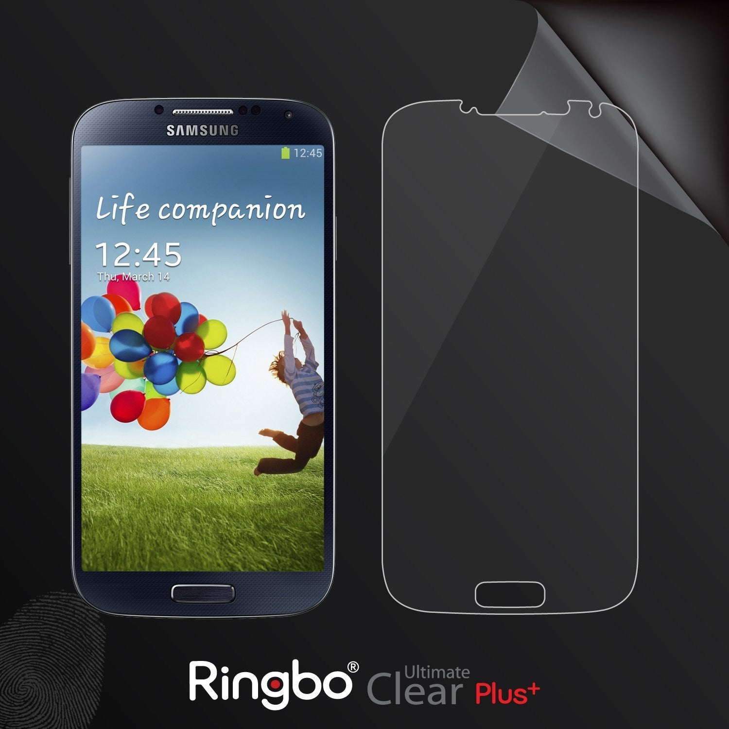 Galaxy S4 (S4 i9500 2013 Model) [ULTIMATE CLEAR PLUS] 2 Pack Screen Protector - Samsung Galaxy S4 next to a screen protector.