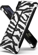 iPhone XS Case | Dual-X Design - Rugged black and white zebra-patterned phone case with reinforced corners and a protective frame.