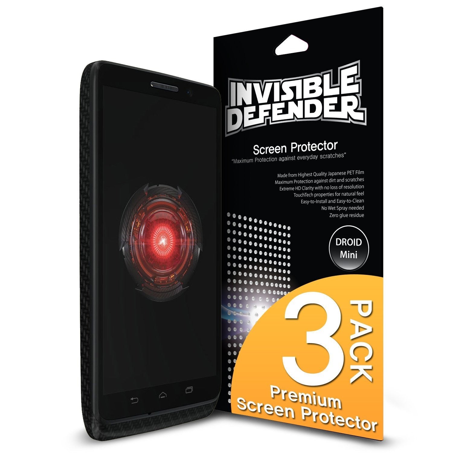 Droid Mini [INVISIBLE DEFENDER] 3 Pack - Smartphone with glowing red screen next to 3-pack screen protector packaging.