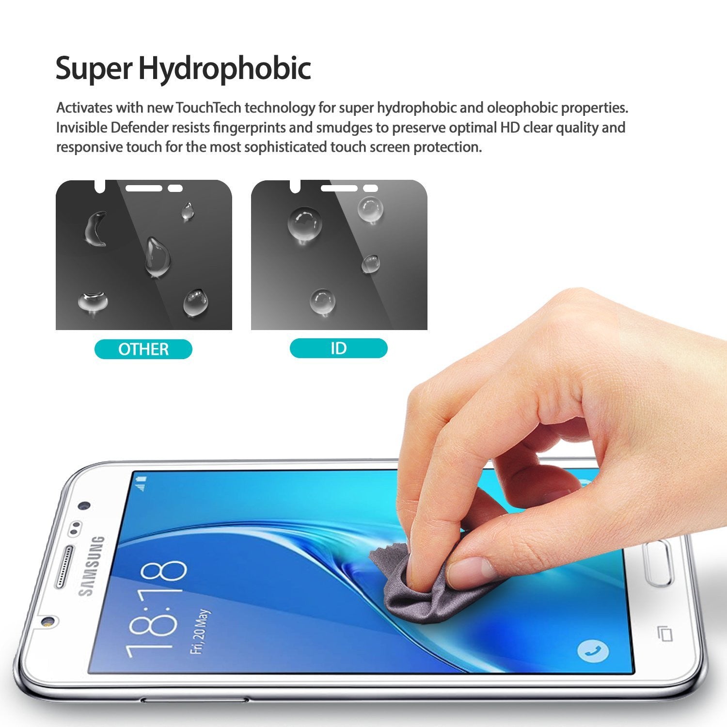 Galaxy J7 2016 [INVISIBLE DEFENDER] 3+1 Pack - Comparison of water beading on standard vs. hydrophobic screen protectors.
