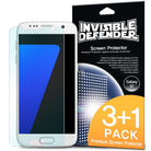Galaxy S7 [INVISIBLE DEFENDER] 3+1 Pack - A Galaxy S7 screen protector film next to its black and orange retail packaging.