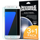 Galaxy S7 [INVISIBLE DEFENDER] 3+1 Pack - A Galaxy S7 screen protector film next to its black and orange retail packaging.