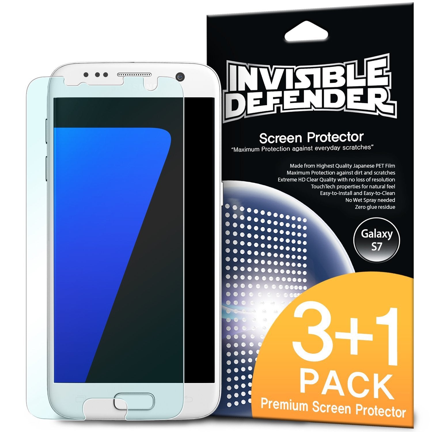 Galaxy S7 [INVISIBLE DEFENDER] 3+1 Pack - A Galaxy S7 screen protector film next to its black and orange retail packaging.