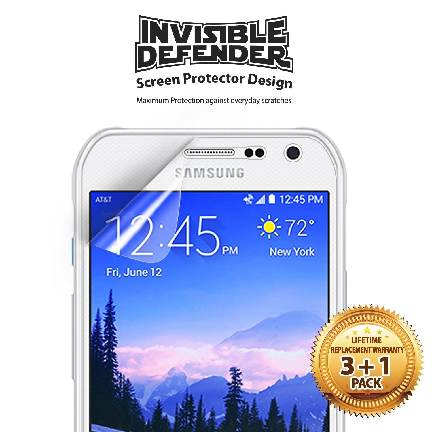 Galaxy S6 Active [INVISIBLE DEFENDER] 3+1 Pack Screen Protector - Clear screen protector being applied to a smartphone.