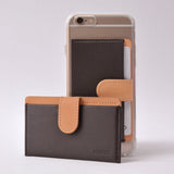 Ringke® Leather ID / Card Holder, 3M Adhesive Stick On Mini Wallet Attachment for All Phone Devices - Ringke® Leather ID / Card Holder - Brown and tan leather card holder attached to a smartphone and a standalone unit.