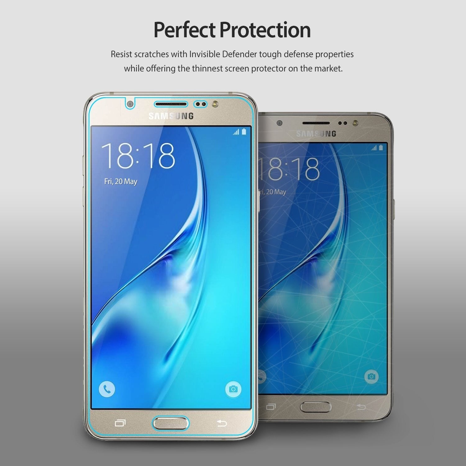 Galaxy J7 2016 [INVISIBLE DEFENDER] 3+1 Pack - Two gold Samsung Galaxy J7 phones with screen protectors against a gray background.