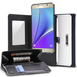 Galaxy Note 5 Case | Wallet - Black and white leather wallet case holding a Samsung phone, credit cards, and cash.