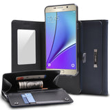 Galaxy Note 5 Case | Wallet - Navy blue leather wallet case holding a smartphone, with slots for credit cards and cash.