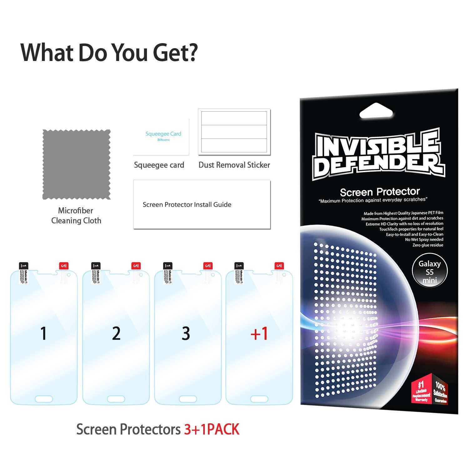 Galaxy S5 Mini [INVISIBLE DEFENDER] 3+1 Pack Screen Protector - Four screen protectors, cleaning cloth, and install kit.