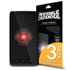 Droid Ultra [INVISIBLE DEFENDER] 3 Pack - Smartphone with glowing red screen next to a 3-pack screen protector package.