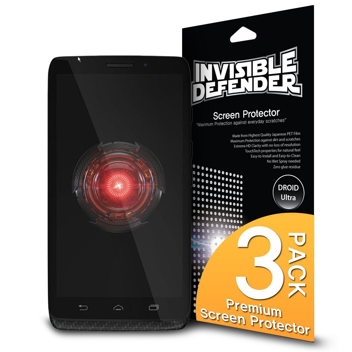 Droid Ultra [INVISIBLE DEFENDER] 3 Pack - Smartphone with glowing red screen next to a 3-pack screen protector package.