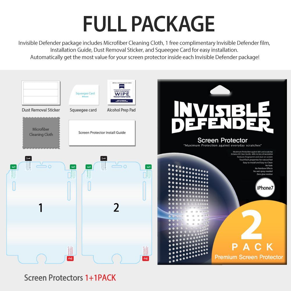iPhone 7, Ringke® [Invisible Defender [Full Coverage] 2-Pack Screen Protector - iPhone 7 Screen Protector - Two screen protectors and installation kit including wipes, stickers, and a squeegee card.