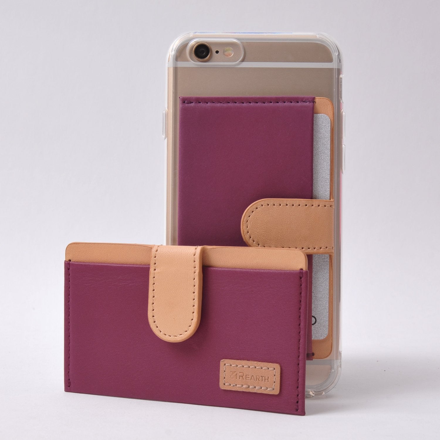 Ringke® Leather ID / Card Holder, 3M Adhesive Stick On Mini Wallet Attachment for All Phone Devices - Ringke® Leather ID / Card Holder - Two purple and tan leather adhesive card holders, one attached to a phone and one standing in front.