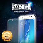 Galaxy J7 2016 [INVISIBLE DEFENDER] 3+1 Pack - Screen protector for Samsung Galaxy J7 against a starry space background.