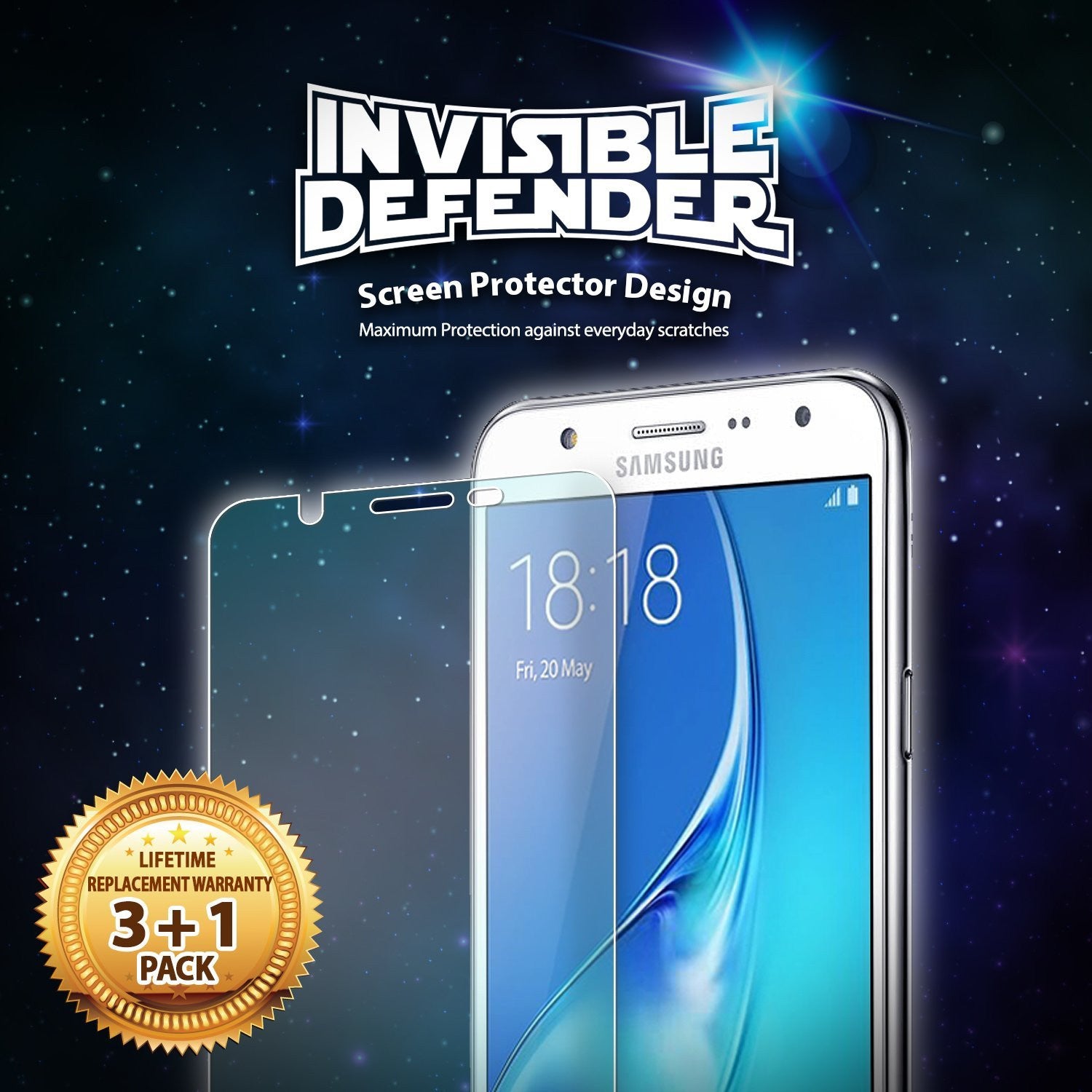 Galaxy J7 2016 [INVISIBLE DEFENDER] 3+1 Pack - Screen protector for Samsung Galaxy J7 against a starry space background.