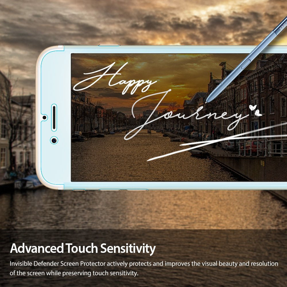 iPhone 7, Ringke® [Invisible Defender [Full Coverage] 2-Pack Screen Protector - iPhone 7 Screen Protector - A stylus writes Happy Journey on a smartphone screen displaying a canal scene at sunset.