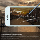 iPhone 7, Ringke® [Invisible Defender [Full Coverage] 2-Pack Screen Protector - iPhone 7 Screen Protector - A stylus writes Happy Journey on a smartphone screen displaying a canal scene at sunset.