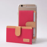 Ringke® Leather ID / Card Holder, 3M Adhesive Stick On Mini Wallet Attachment for All Phone Devices - Ringke® Leather ID / Card Holder - Two pink and tan leather adhesive card holders, one attached to a phone, one standing.