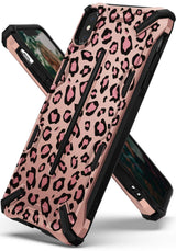 iPhone XS Case | Dual-X Design - Rose gold phone case with black leopard print and reinforced black corner bumpers.