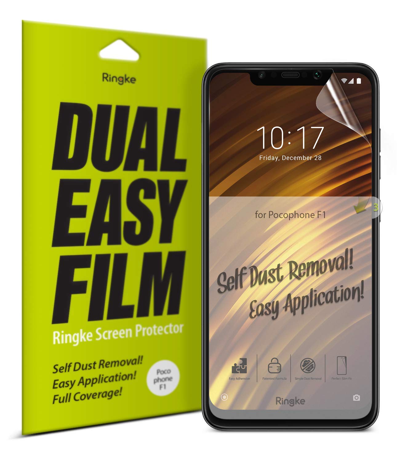 Pocophone F1 Screen Protector | Dual Easy Film - Ringke screen protector packaging next to a Pocophone F1 phone.