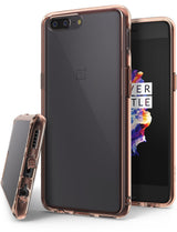 OnePlus 5 Case | Fusion - Rose gold transparent protective case shown from multiple angles on a OnePlus 5 smartphone.