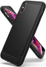 iPhone XS Case | Onyx - Black brushed metal texture phone case with carbon fiber accents and Ringke branding.