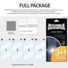 Galaxy J7 2016 [INVISIBLE DEFENDER] 3+1 Pack - Four screen protectors, cleaning cloth, squeegee, stickers, and retail box.