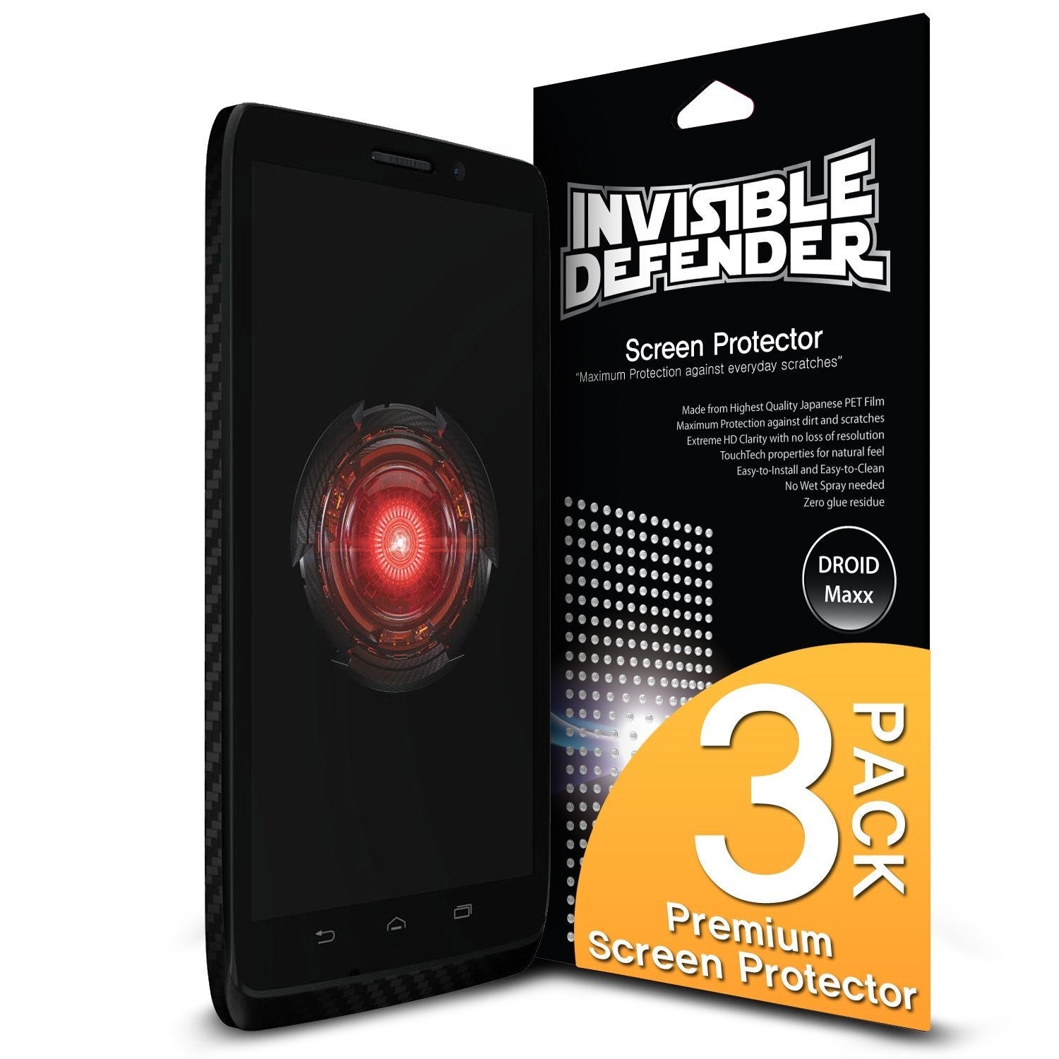 Droid Maxx [INVISIBLE DEFENDER] 3 Pack - Droid Maxx phone next to a black retail box for a 3-pack of screen protectors.