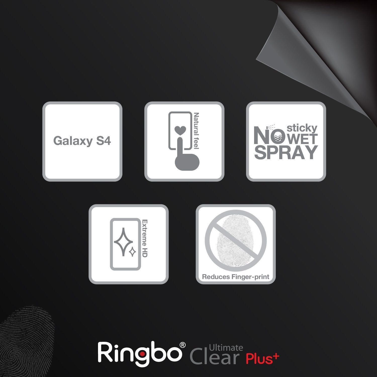 Galaxy S4 (S4 i9500 2013 Model) [ULTIMATE CLEAR PLUS] 2 Pack Screen Protector - Icons showing features like HD and anti-fingerprint.