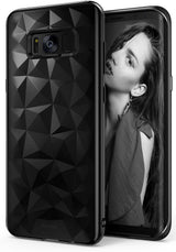 Galaxy S8 Case | Air Prism - Black phone case with geometric prism texture on back, showing front screen with woman's portrait.