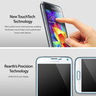 Galaxy S5 Mini [INVISIBLE DEFENDER] 3+1 Pack Screen Protector - Finger touching a phone screen and two phone outlines.
