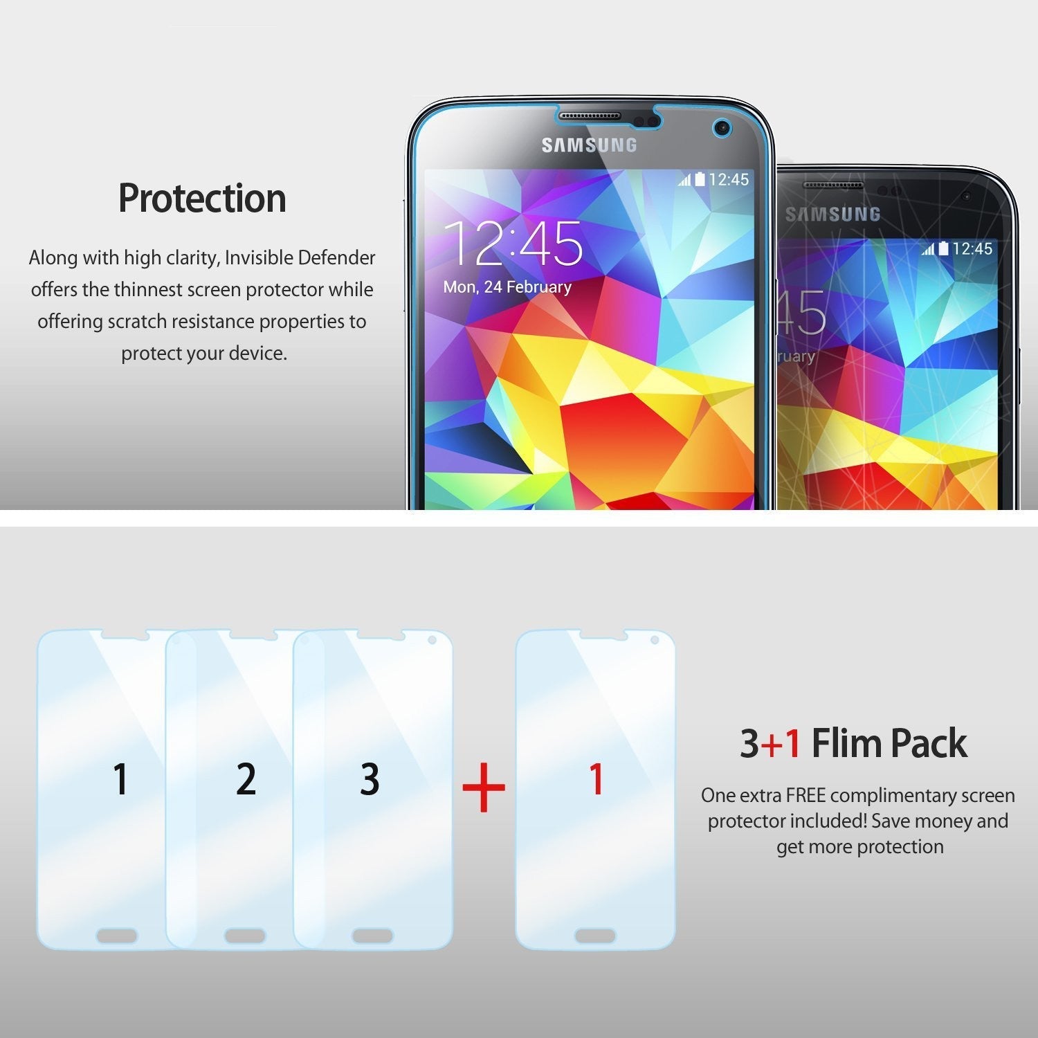 Galaxy S5 Mini [INVISIBLE DEFENDER] 3+1 Pack Screen Protector - Two Samsung phones and four screen protector films.