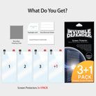 Galaxy J1 [INVISIBLE DEFENDER] 3+1 Pack - Four screen protectors, cleaning cloth, squeegee, stickers, and retail packaging.