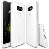 LG G5 Case | Slim - Three views of a transparent, slim protective case on an LG G5 smartphone.