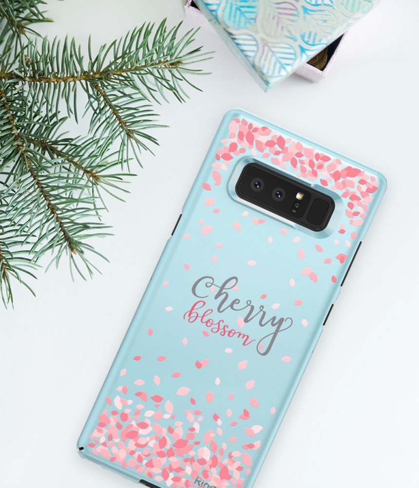 Galaxy Note 8 [Slim Cherry Blossom] [Limited Edition] - Light blue phone case with pink flower petals and script text.