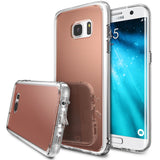Galaxy S7 Edge Case | Mirror - Rose gold mirror phone case with clear bumper shown on and off a Samsung Galaxy S7 Edge.