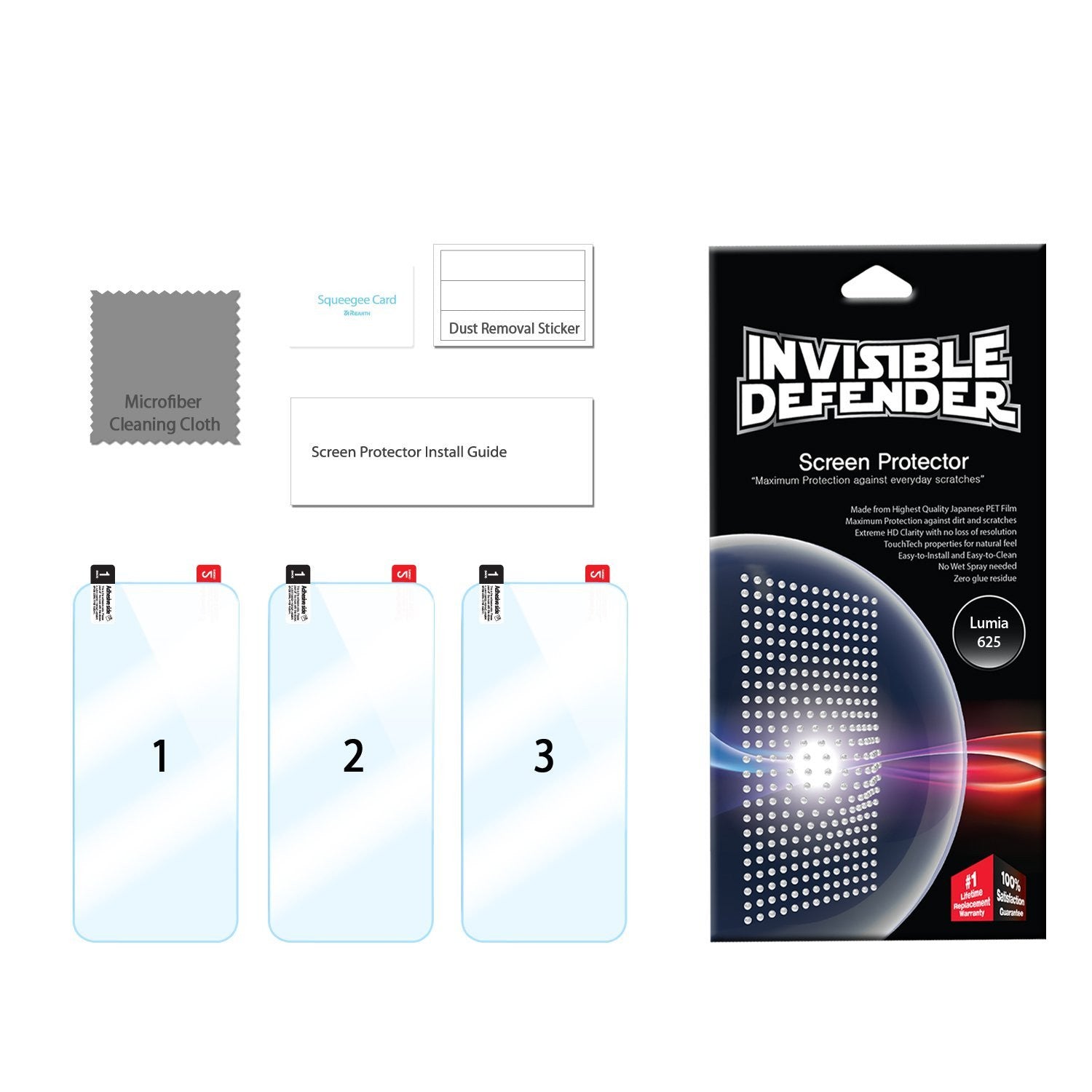 Nokia Lumia 625, Ringke® [INVISIBLE DEFENDER] 3 Pack Screen Protector - Three screen protectors, cleaning cloth, and kit.