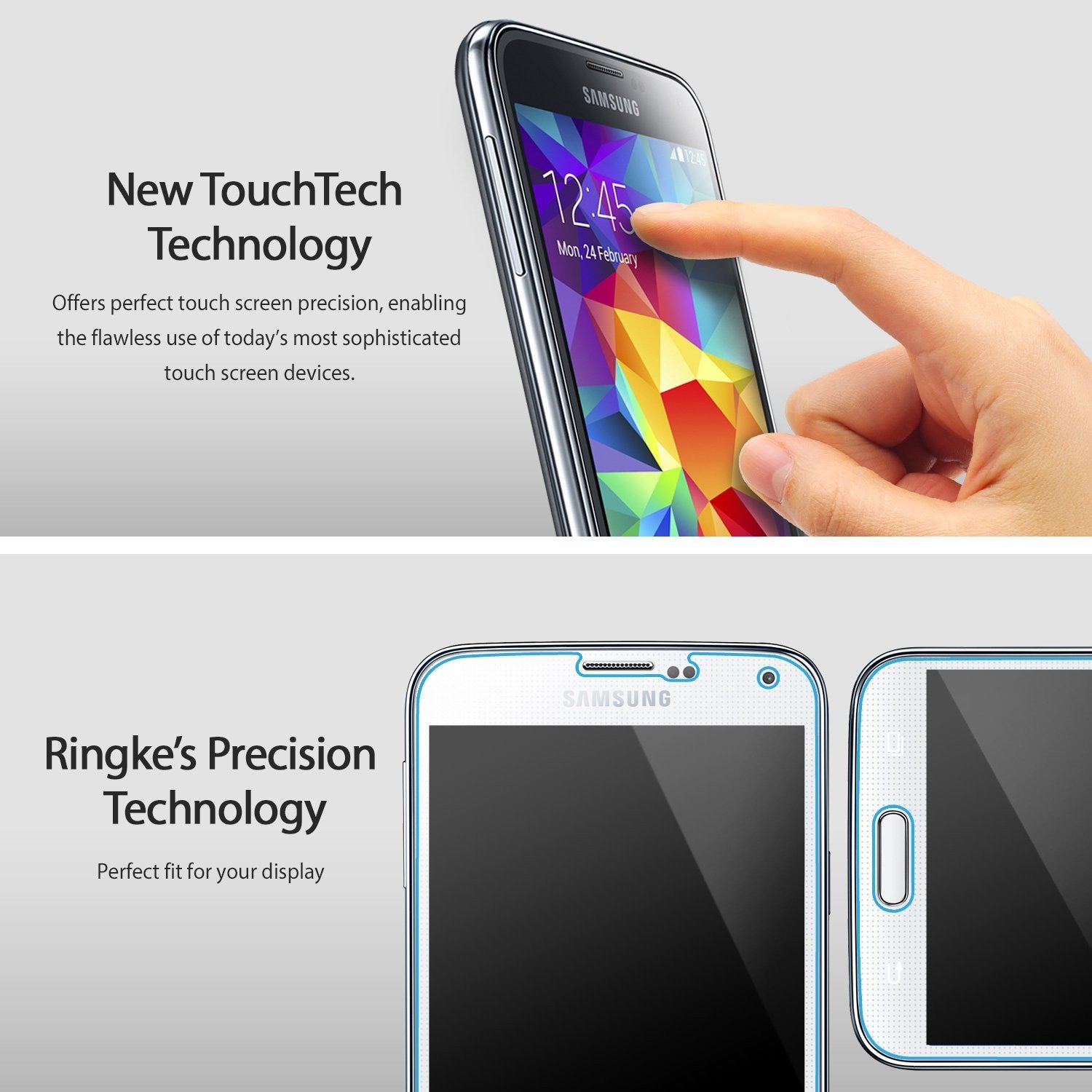 Galaxy S5 [INVISIBLE DEFENDER] 3+1 Pack Screen Protector - Finger touching a Galaxy S5 screen and close-up of fit.