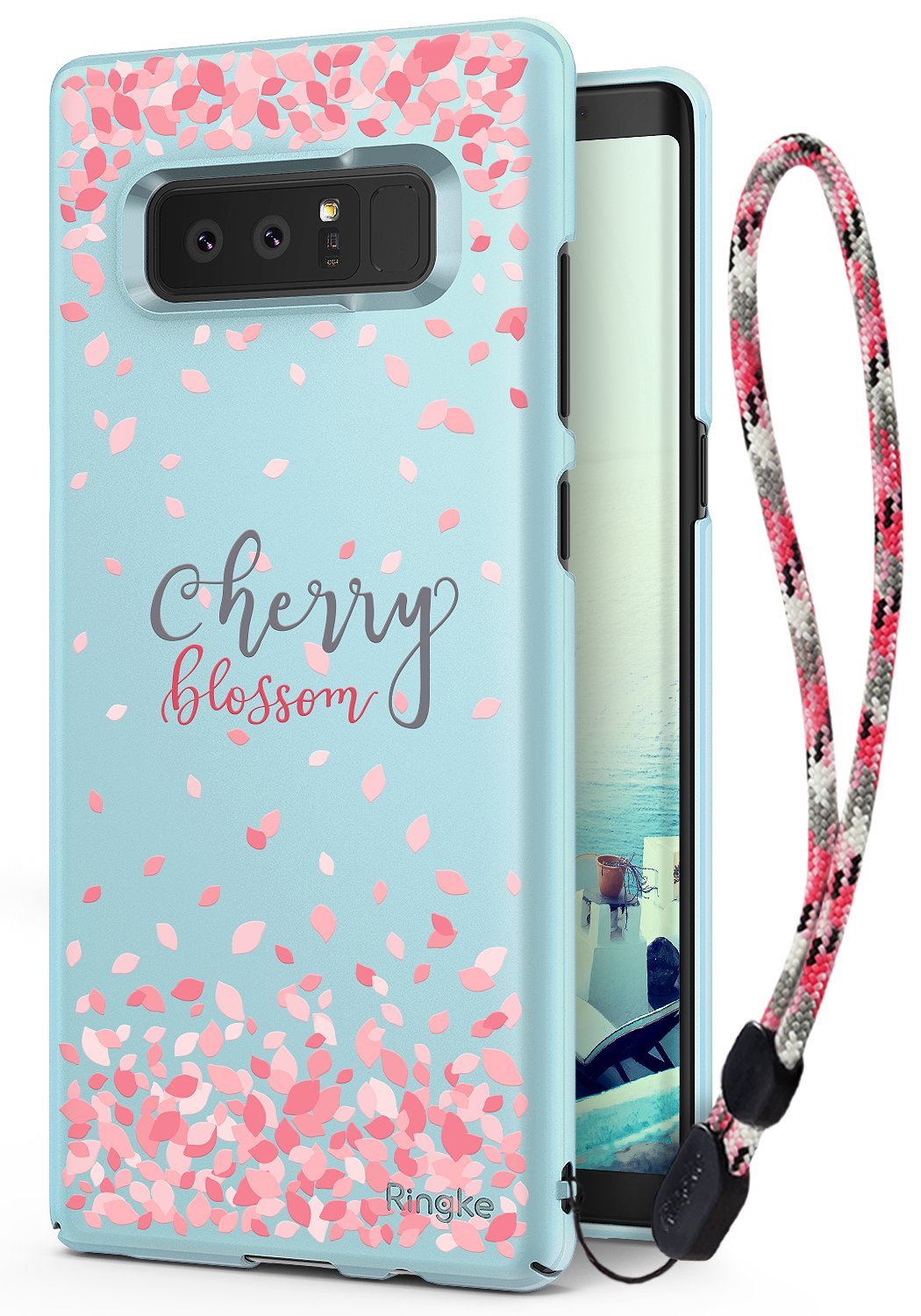 Galaxy Note 8 [Slim Cherry Blossom] [Limited Edition] - Light blue phone case with pink petals and a patterned lanyard.