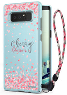 Galaxy Note 8 [Slim Cherry Blossom] [Limited Edition] - Light blue phone case with pink petals and a patterned lanyard.