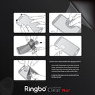 Galaxy S4 (S4 i9500 2013 Model) [ULTIMATE CLEAR PLUS] 2 Pack Screen Protector - Five-step instructional diagram for applying screen protector with text tips for removing dust and bubbles.