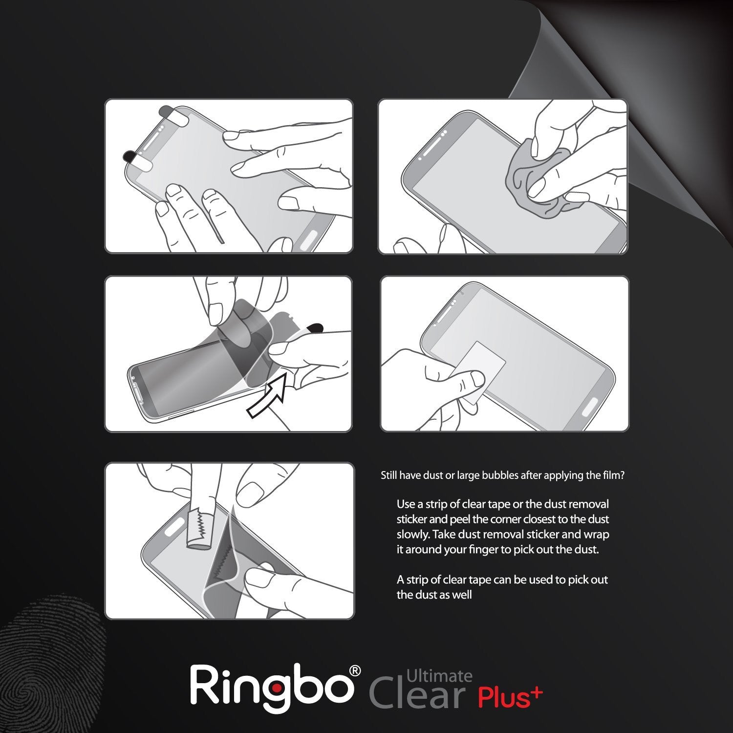 Galaxy S4 (S4 i9500 2013 Model) [ULTIMATE CLEAR PLUS] 2 Pack Screen Protector - Five-step instructional diagram for applying screen protector with text tips for removing dust and bubbles.