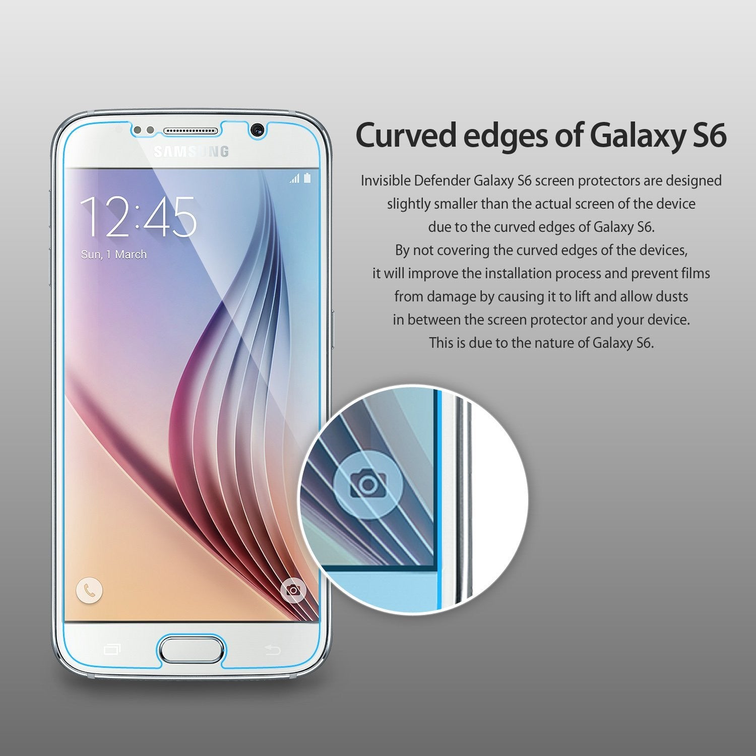 Galaxy S6 [INVISIBLE DEFENDER] 3+1 Pack Screen Protector - Galaxy S6 with a screen protector showing a gap at the edge.