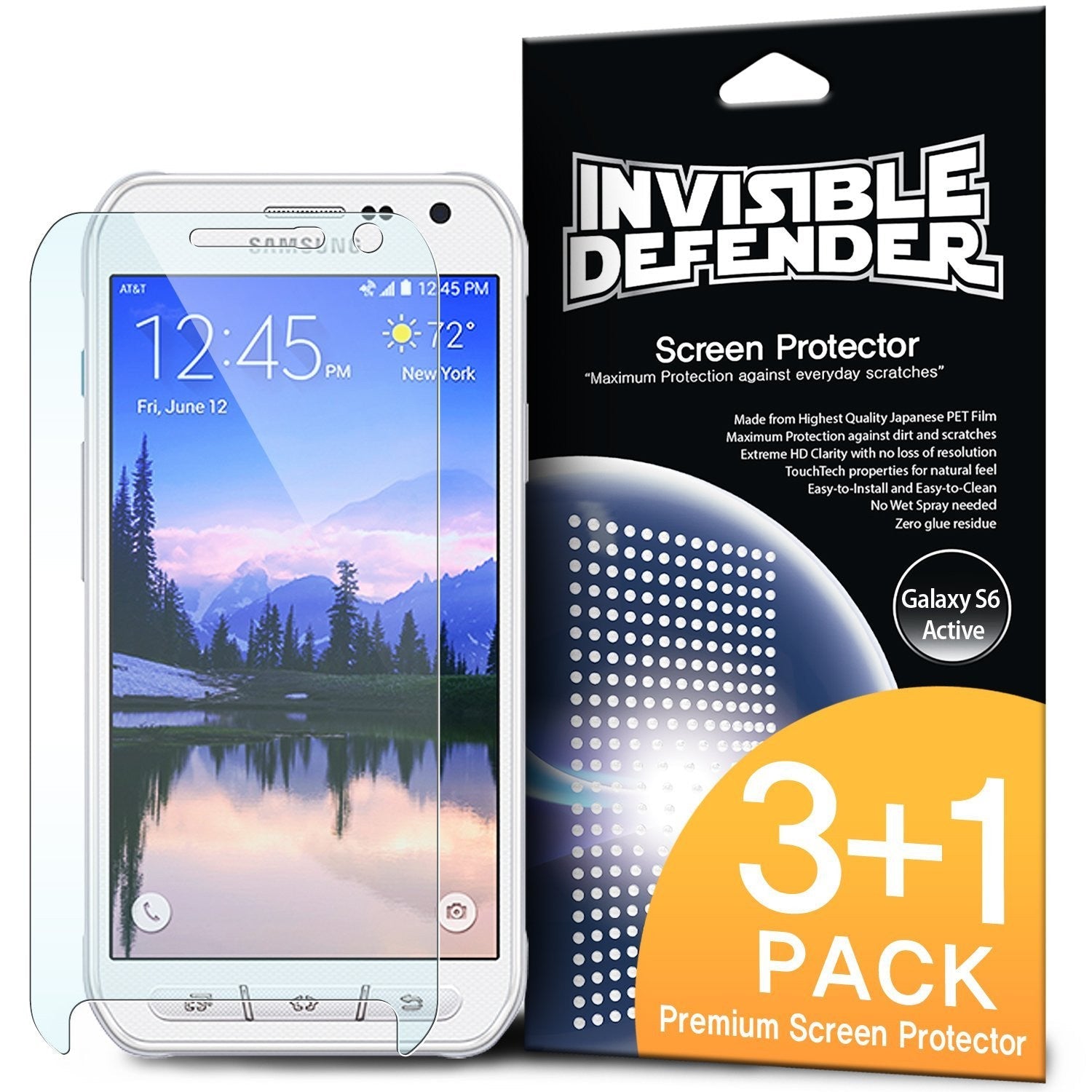 Galaxy S6 Active [INVISIBLE DEFENDER] 3+1 Pack Screen Protector - A white smartphone next to its 3+1 pack retail box.
