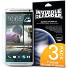 HTC One Max [INVISIBLE DEFENDER] 3 Pack - HTC One Max smartphone next to a 3-pack screen protector retail box.
