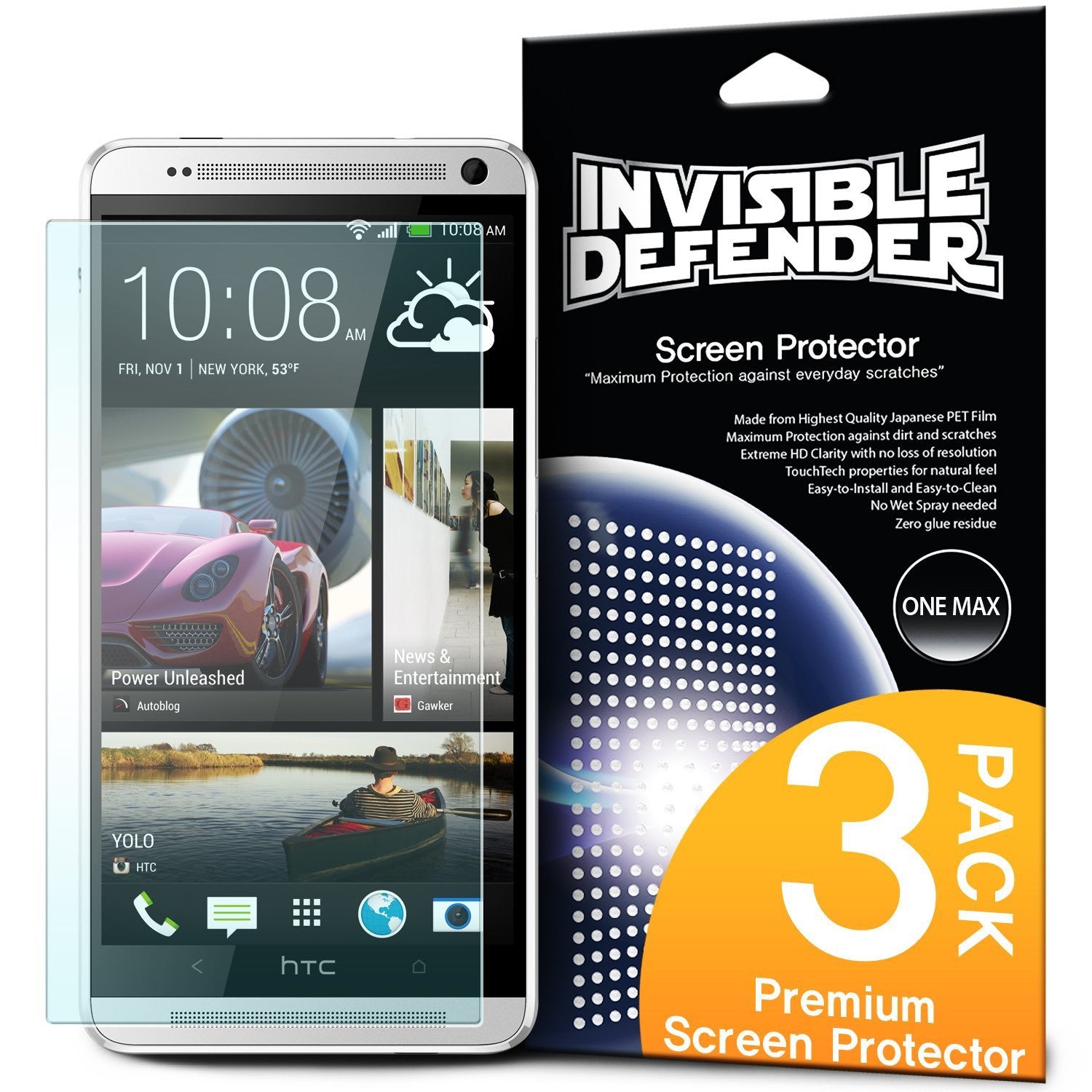 HTC One Max [INVISIBLE DEFENDER] 3 Pack - HTC One Max smartphone next to a 3-pack screen protector retail box.