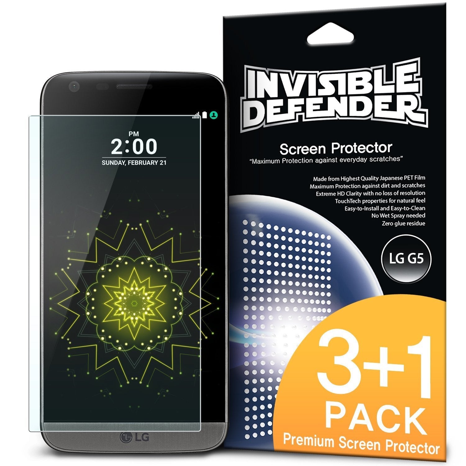 LG G5 Screen Protector | Invisible Defender - LG G5 Screen Protector - Invisible Defender 3+1 pack with a smartphone displaying a geometric wallpaper and product box.
